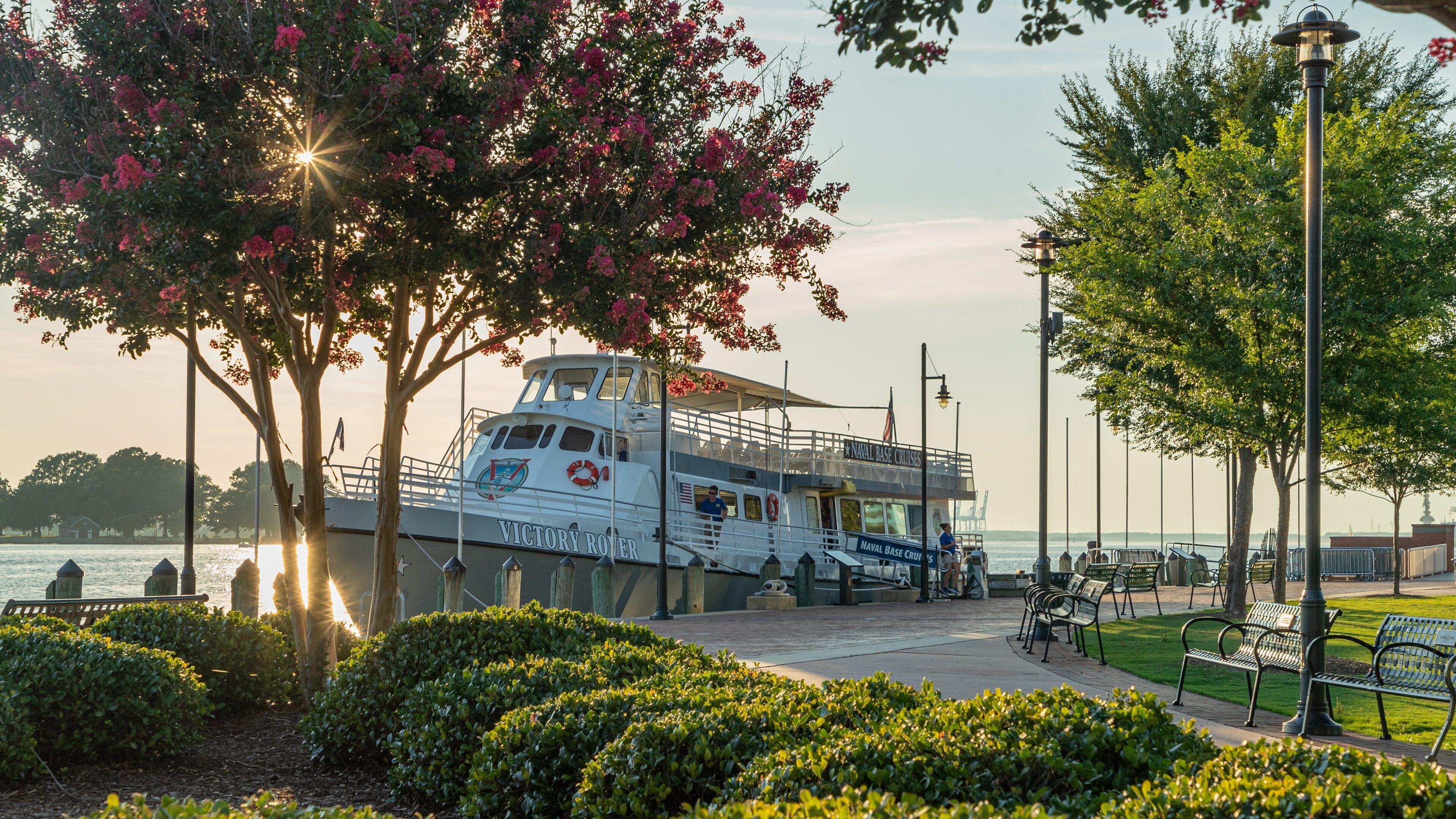 Town Point Park featuring a sunset, a garden and a bay or harbor