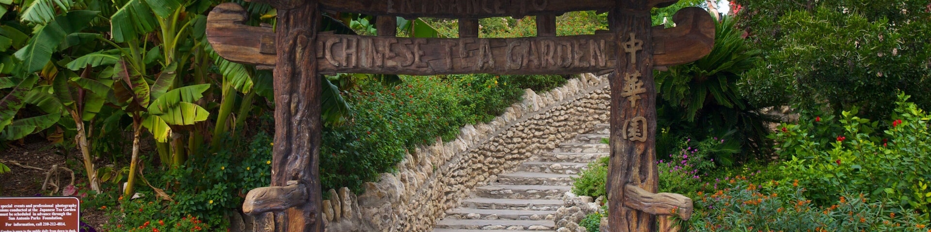 Entrada de um jardim de chá tradicional chinês, com uma escadaria de pedra que leva a um arco de madeira.