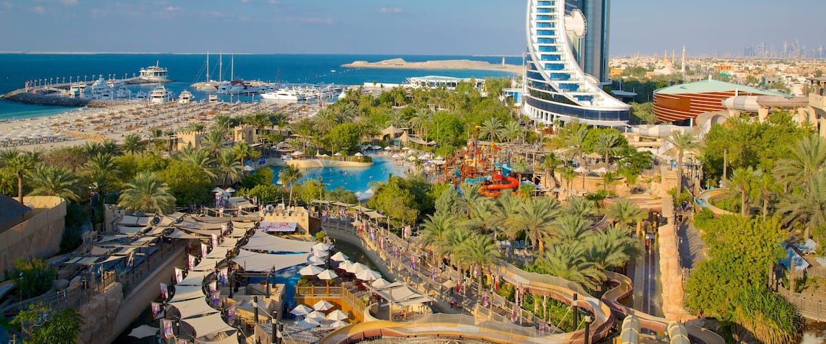 Wild Wadi Wasserpark welches beinhaltet Wolkenkratzer, Stadt und Bucht oder Hafen