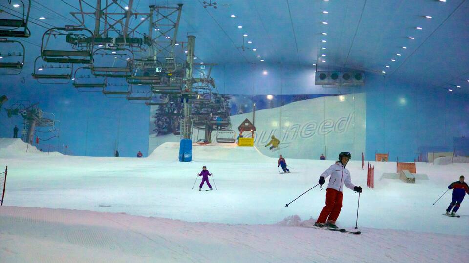 Ski Dubai showing interior views, a gondola and snow skiing