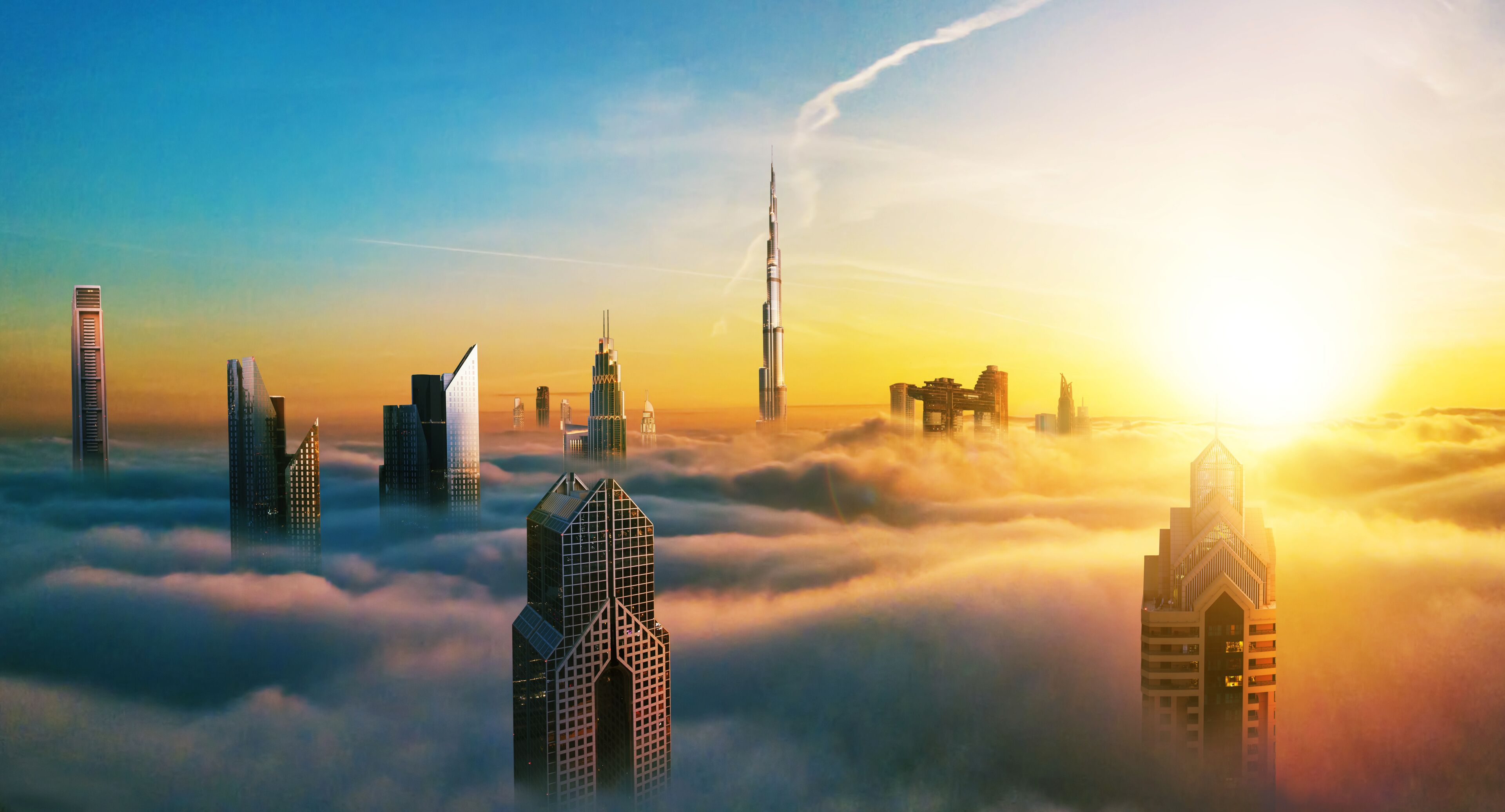 Dubai sunset view of downtown covered with clouds