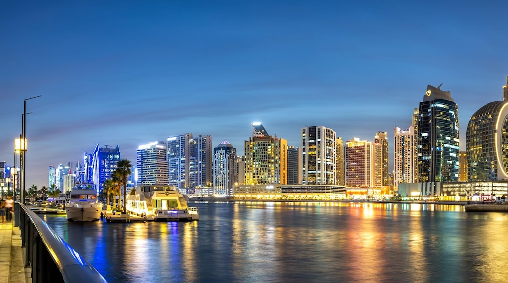 View of Dubai Burj Khalifa skyline tallest building in the world in Downtown Panorama at night in Dubai, United Arab Emirates, Asia