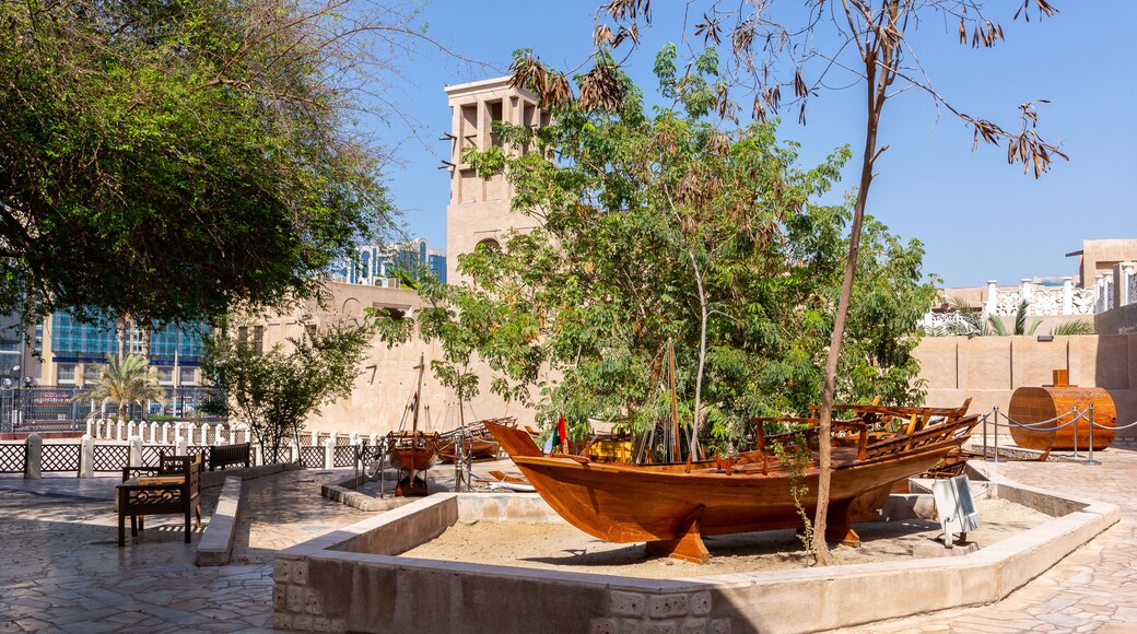 Traditional wooden rowing boat - abra - displayed in Al Fahidi Historical District, Dubai, United Arab Emirates.