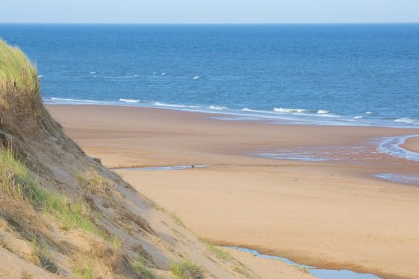 Ein Strand mit einer grasbewachsenen Klippe und ruhigen Wellen.