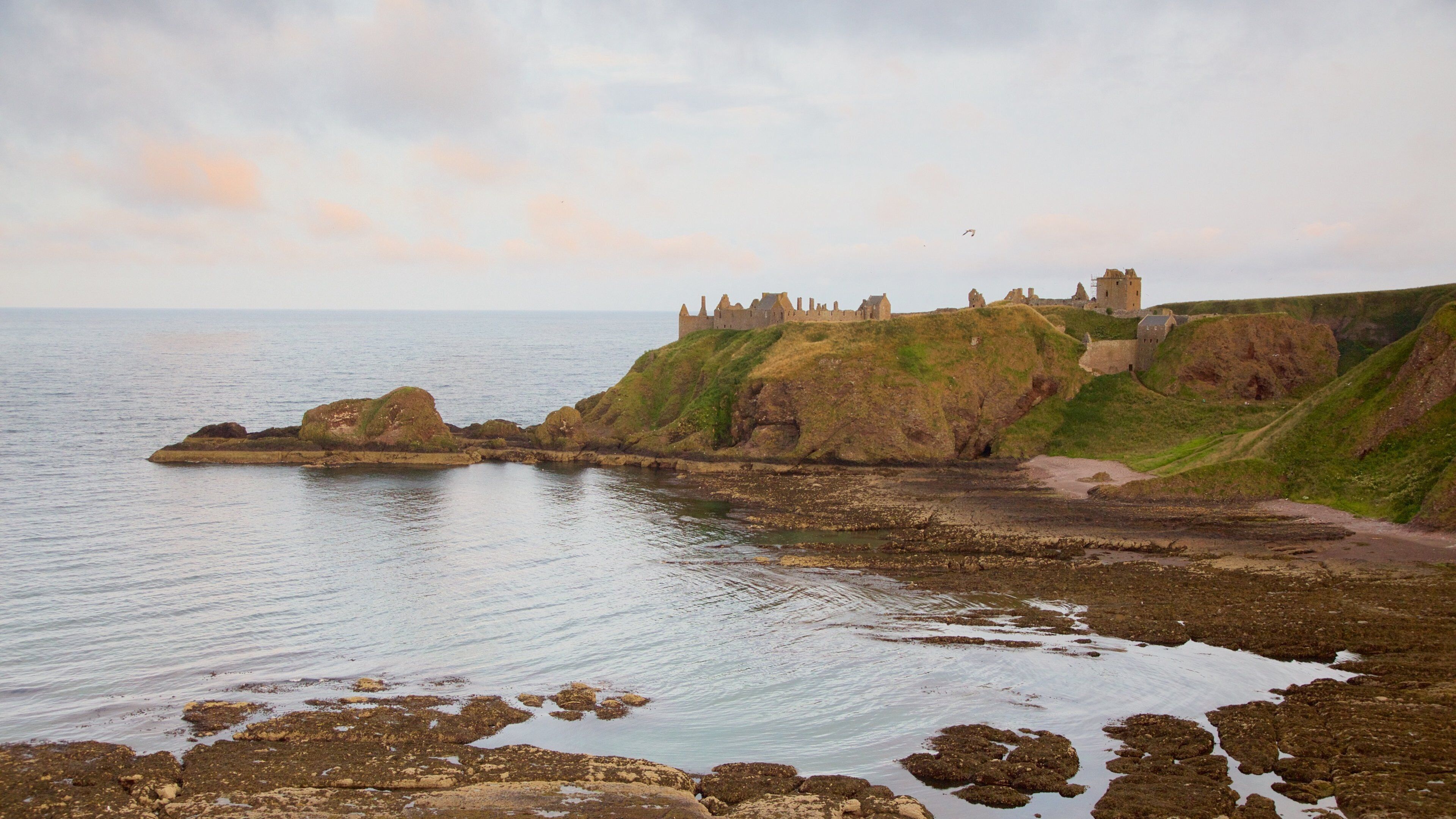 A coastal landscape with a castle on a grassy cliff overlooking the sea.