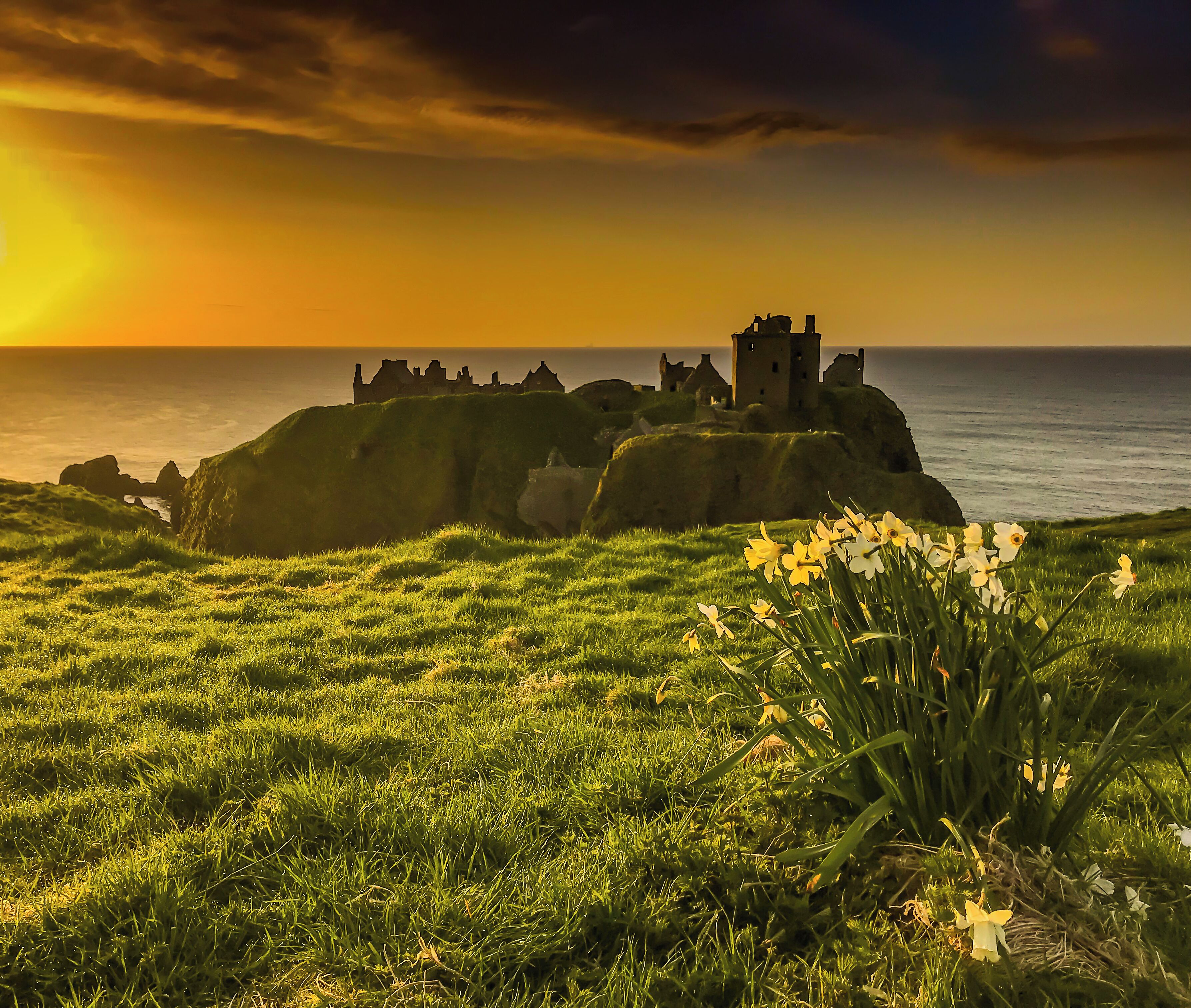 A spring morning in April is an excellent time to visit Dunottar Castle on the north East Coast of Scotland, The daffodils are coming up and spring is in the air. At 5.18am the sun is breaking over the horizon. There is nowhere to gat a coffee and a bacon sandwich unless you drive south to Montrose and the Greggs the bakers opens at 7am. Bring a flask as the breeze of the north sea is bloody freezing in April, The Castle doesn&#x27;t open until 10am, Built in the 1400&#x27;s it played a major role in the Jacobite uprisings of the 1715 and 1745. 