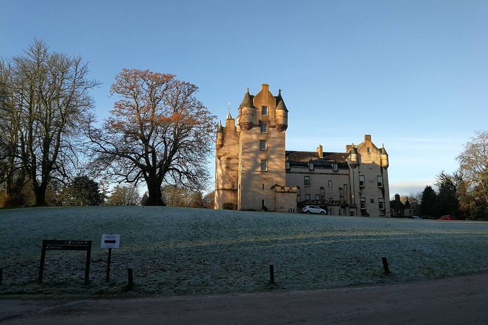 A castle with a large tower, surrounded by trees and a grassy area.