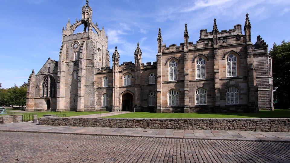 Aberdeen University King's College building captured on a beautiful late summer morning. Founded in 1495 this is one of Scotland's oldest universities; the crown tower and chapel date from 1500.; Shut