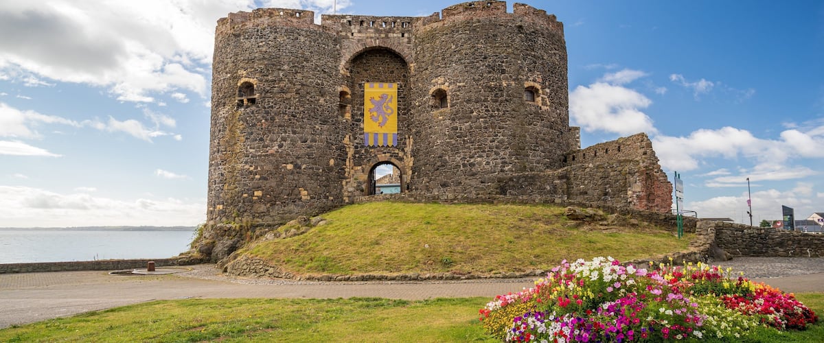 Carrickfergus Castle showing flowers, a castle and heritage architecture