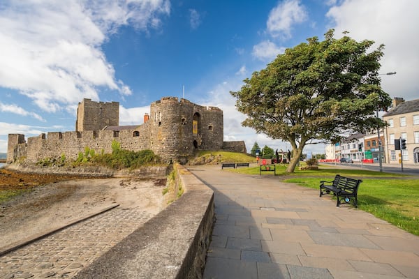 A historic stone castle by a waterfront, a paved walkway, and a large tree.