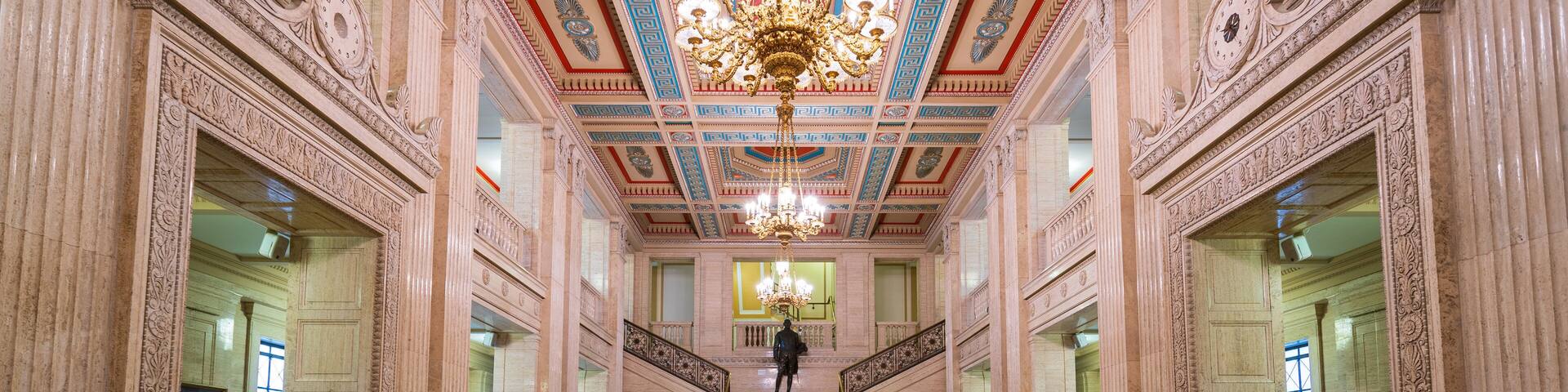 Stormont Parliament Buildings featuring heritage elements, an administrative buidling and interior views