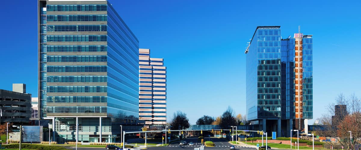 Highrise buildings in Tysons Corner, Virginia.  Tysons Corner is part of the Washington DC Metropolitan Area.