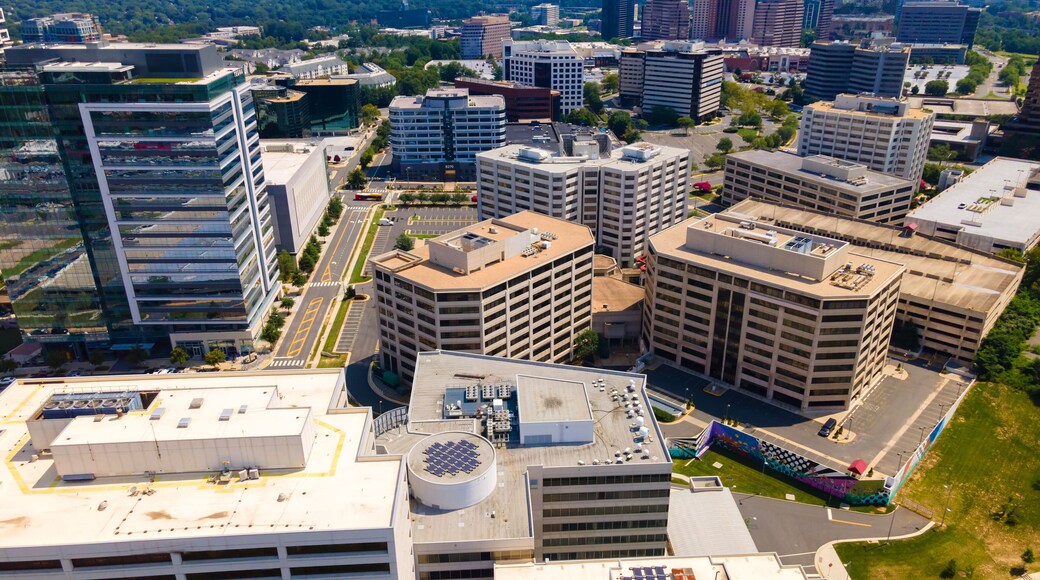 Modern buildings in Downtown Tysons, Virginia. Offices and skyscrapers. Drone video.