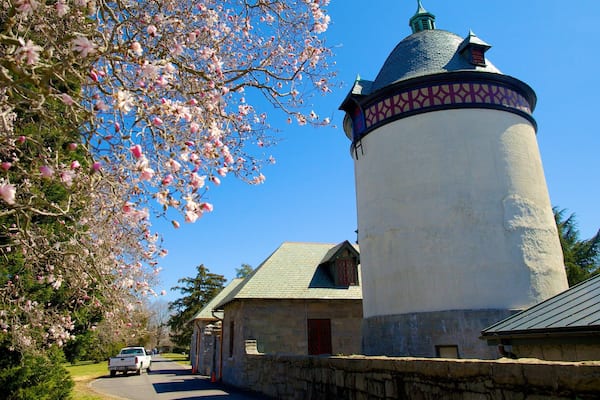 Um farol branco com telhado verde, árvores floridas em tons de rosa e um edifício de pedra com porta vermelha.