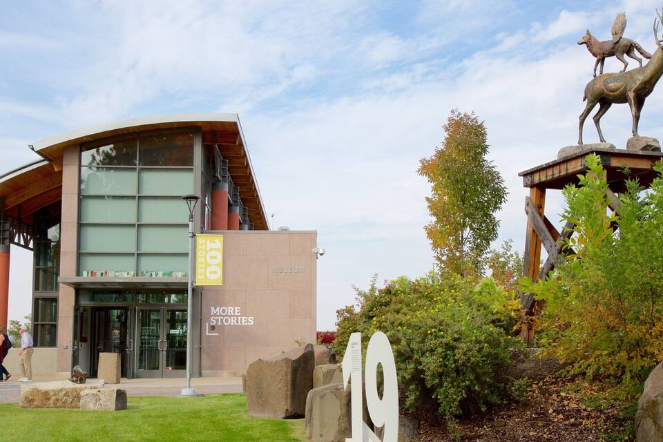 Museu com design moderno, fachada em vidro e estrutura de madeira com esculturas de animais.