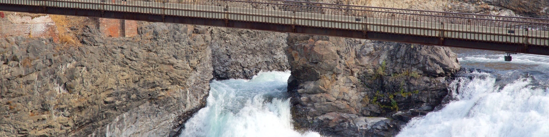 Riverfront Park featuring a river or creek, rapids and a bridge