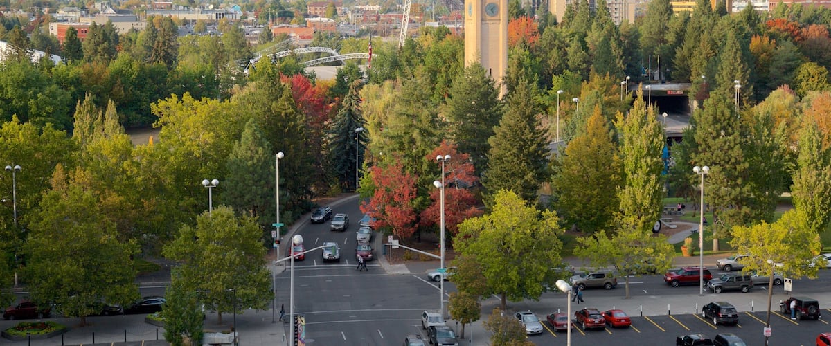 A cityscape with autumn foliage, a prominent clock tower, and a bridge in the background.