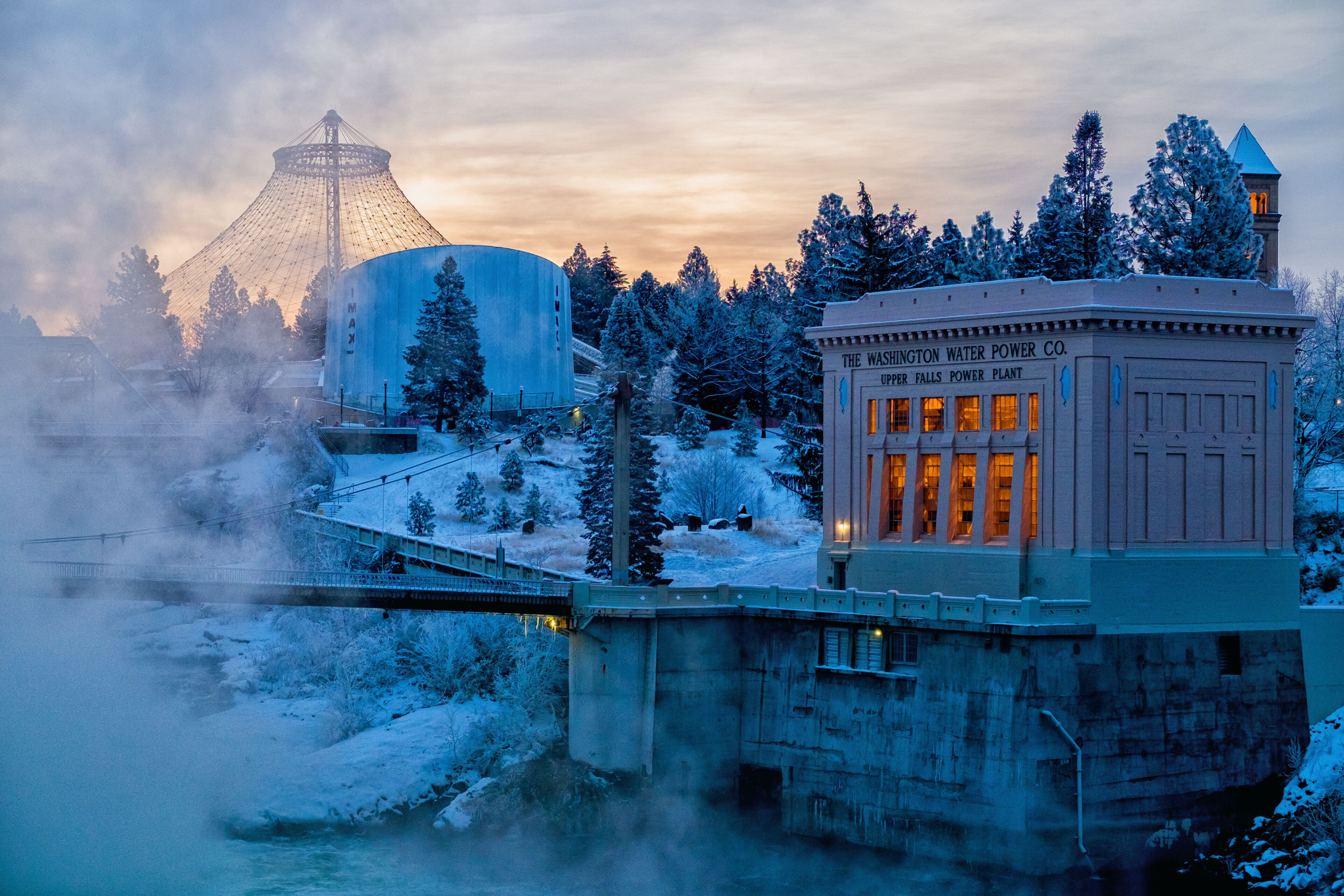 Winter dawn over Riverfront Park in downtown Spokane