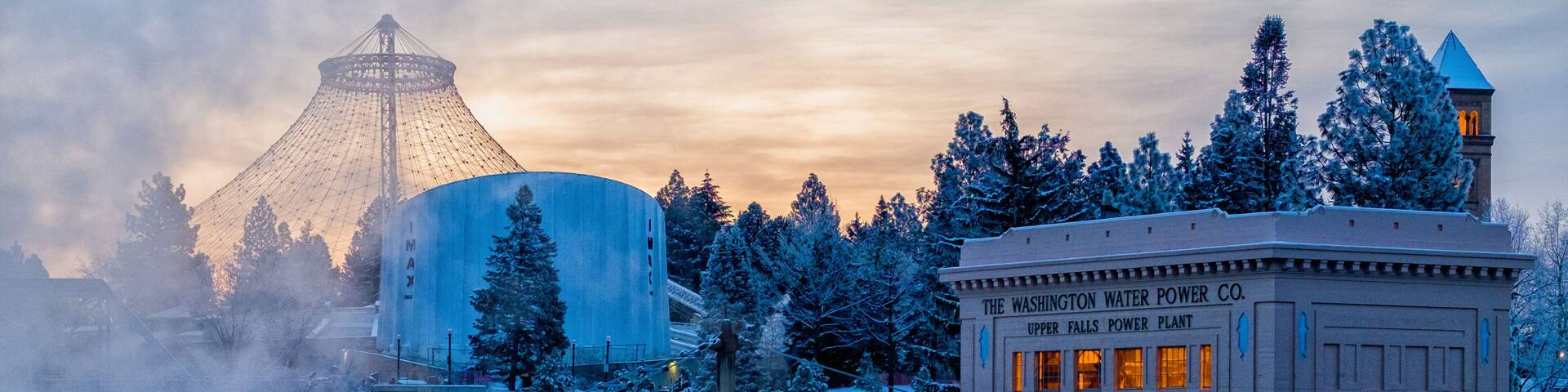 Winter dawn over Riverfront Park in downtown Spokane