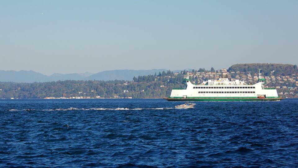 A ferry on a body of water with a mountainous coastline in the background.