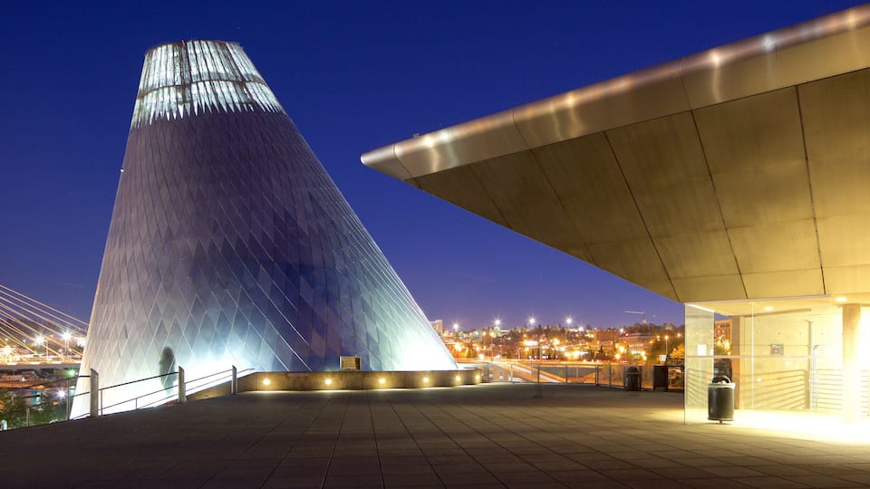Museum of Glass featuring modern architecture, night scenes and a city