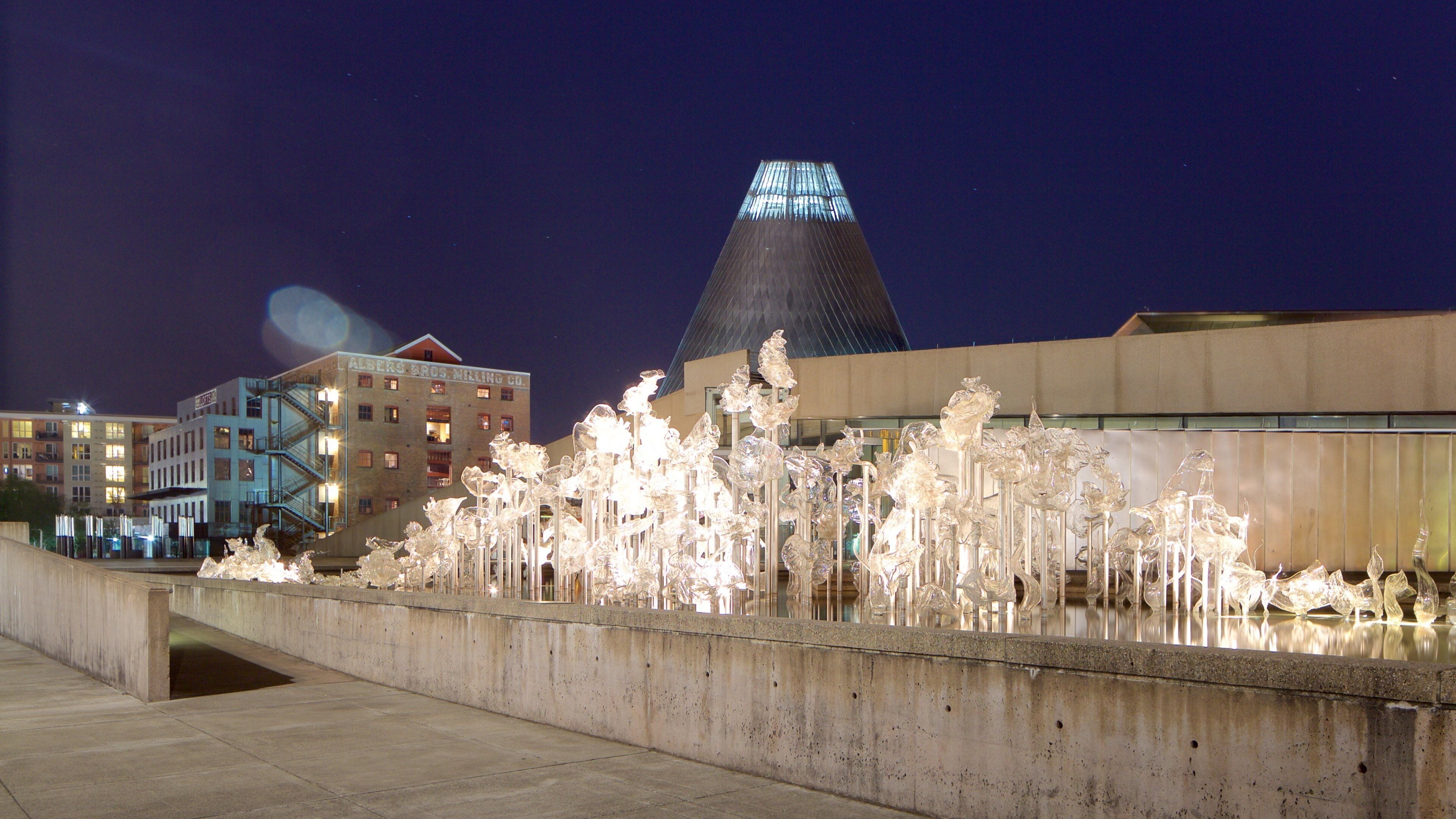 Museum of Glass showing night scenes, modern architecture and art