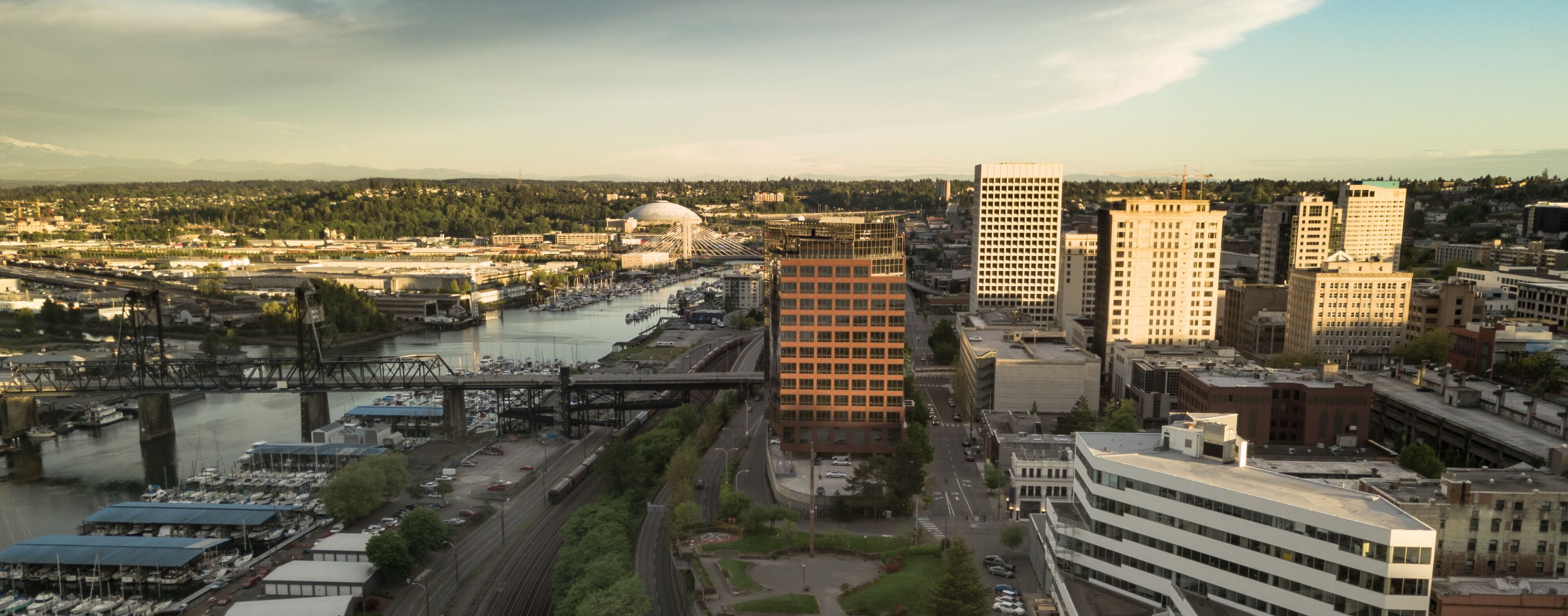 Aerial View of Downtown Tacoma Washington and The Port Waterfront