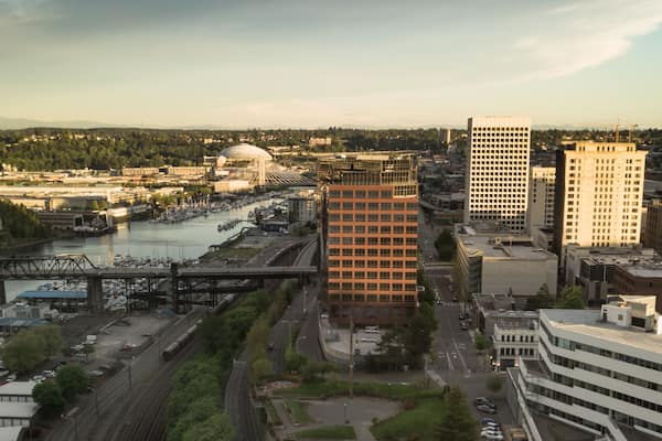 Aerial View of Downtown Tacoma Washington and The Port Waterfront
