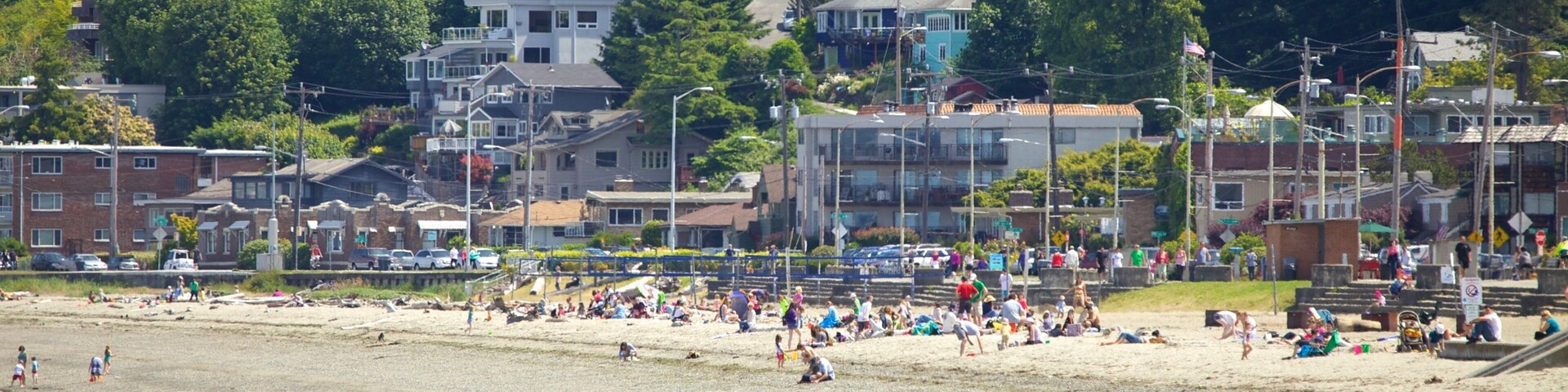 Vibrant summer day at Alki Beach in Seattle with families enjoying sun and sand by the waterfront