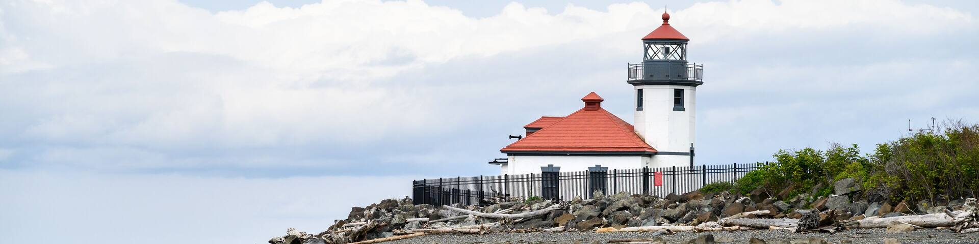 Lighthouse at Alki Point on a cloudy summer day, Seattle, Washington