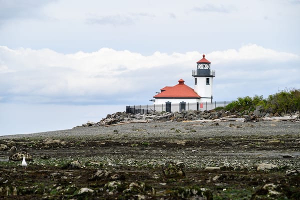 Lighthouse at Alki Point on a cloudy summer day, Seattle, Washington