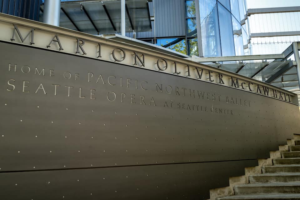 A sign for the Marion Oliver McCaw Hall at the Seattle Opera.