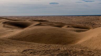 Panoramic view of the Imperial Sand Dunes in the Sonoran Desert of California, USA, featuring tire tracks from dune buggying