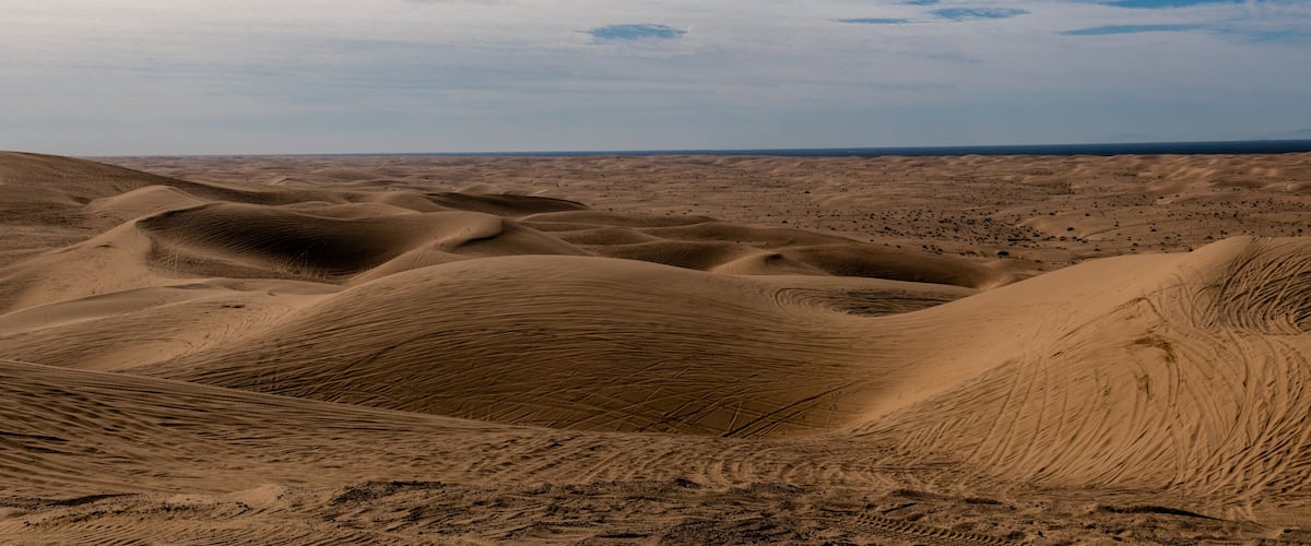 A vast desert landscape with rolling sand dunes and a distant mountain range under a cloudy sky.