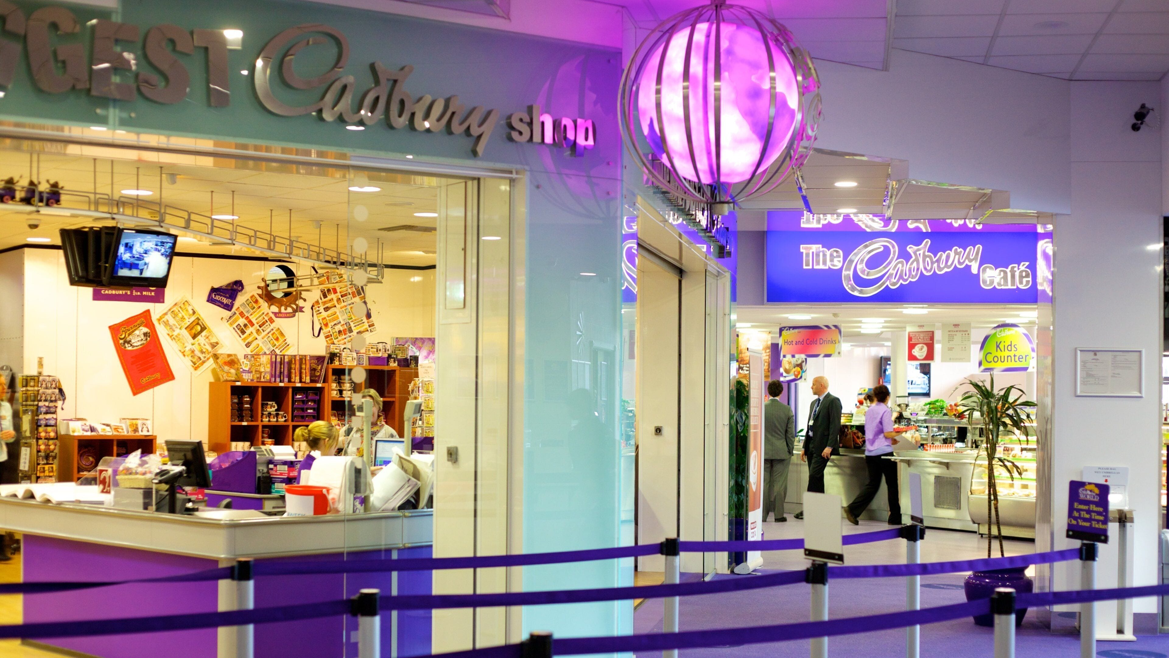 Cadbury World which includes signage, shopping and interior views