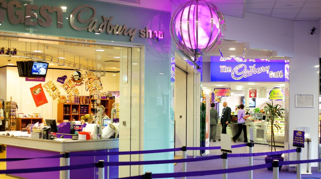 Cadbury World which includes signage, shopping and interior views