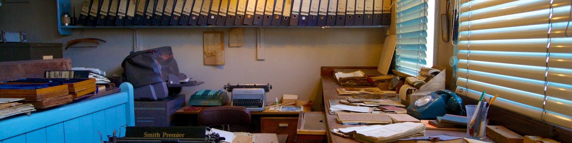 Una oficina desordenada con una máquina de escribir, estanterías llenas de archivadores y un escritorio con papeles y una lámpara.