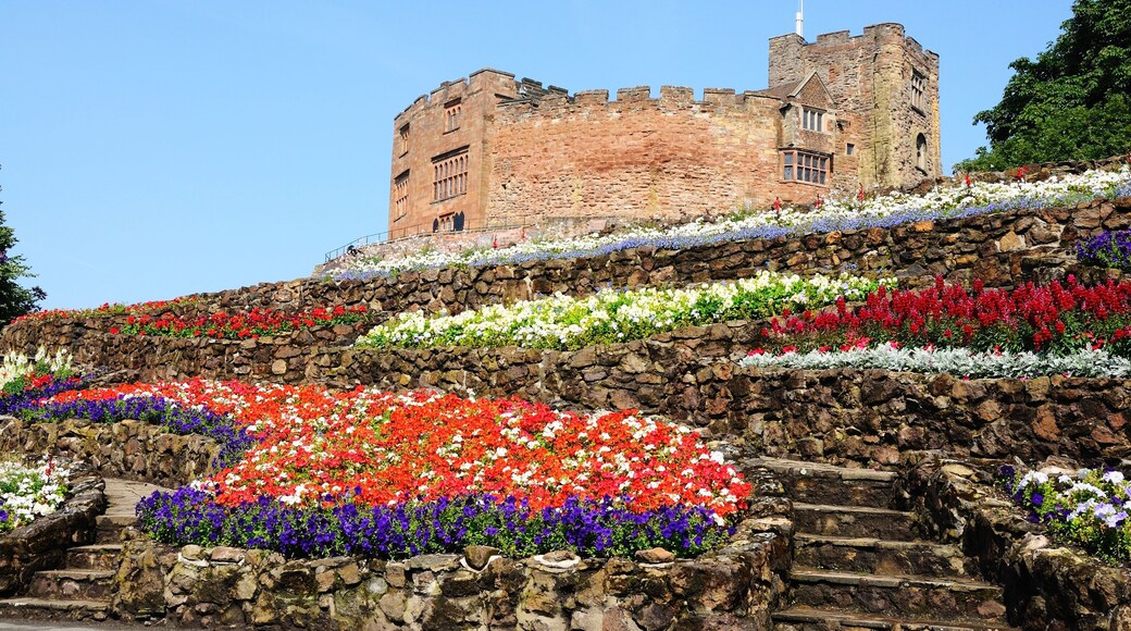 View of the castle gardens with steps leading towards the Norman castle, Tamworth, Staffordshire, England, UK, Western Europe., Shutterstock ID 226015447, SF SSA Case with Manager Approval: Case 07151