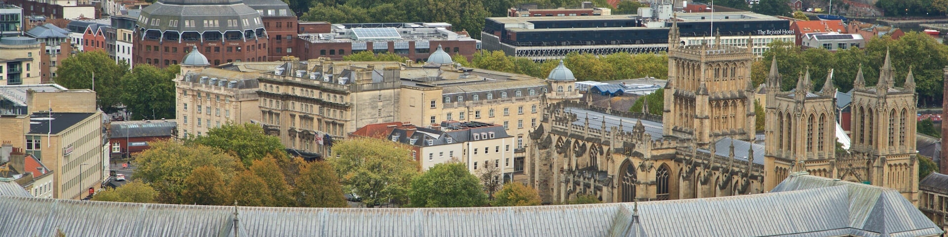 Bristol Cathedral featuring landscape views, heritage elements and a city
