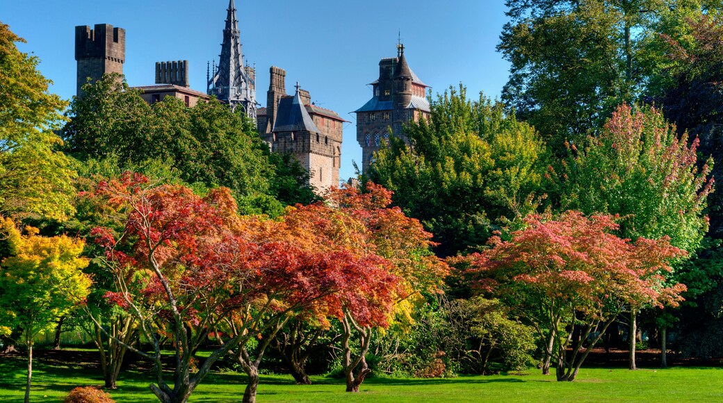 Towers of Cardiff castle from Bute park with trees in autumn colours