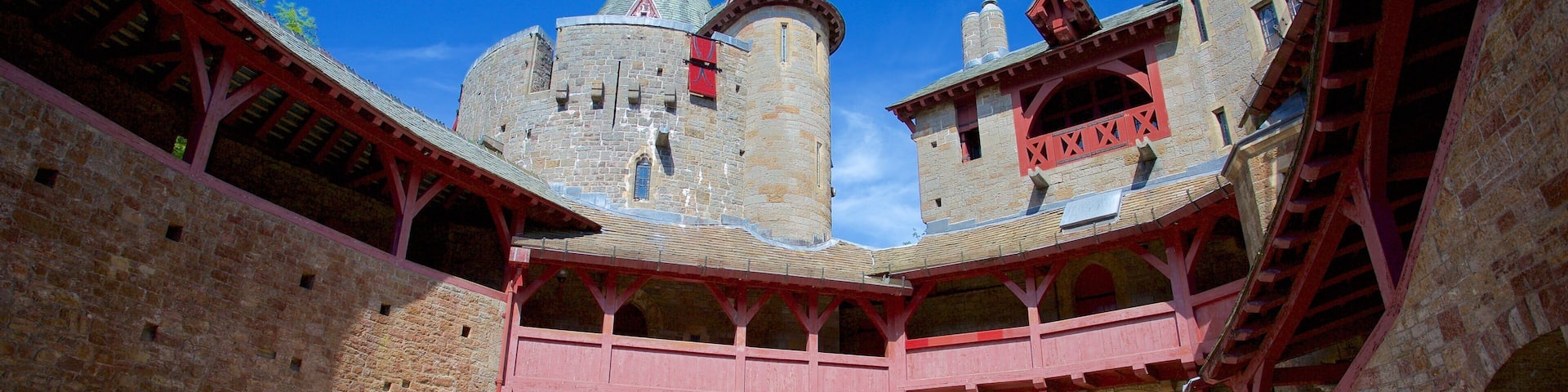 Castell Coch showing a square or plaza, a castle and heritage elements