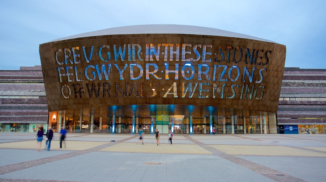 Wales Millennium Centre which includes a square or plaza, signage and modern architecture
