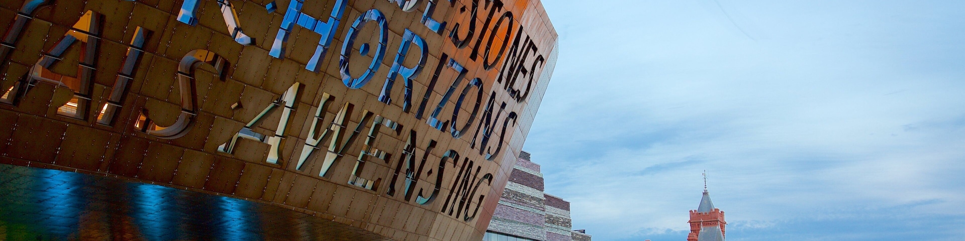Wales Millennium Centre which includes street scenes, modern architecture and signage