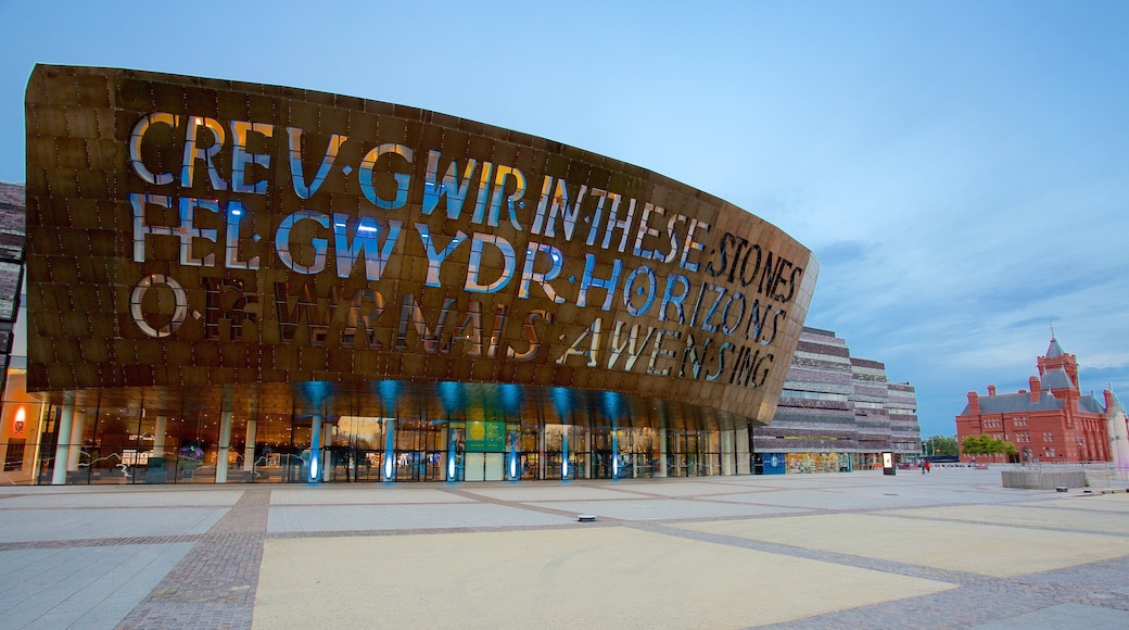 Wales Millennium Centre featuring moderni arkkitehtuuri, katunÀkymÀt ja kyltit