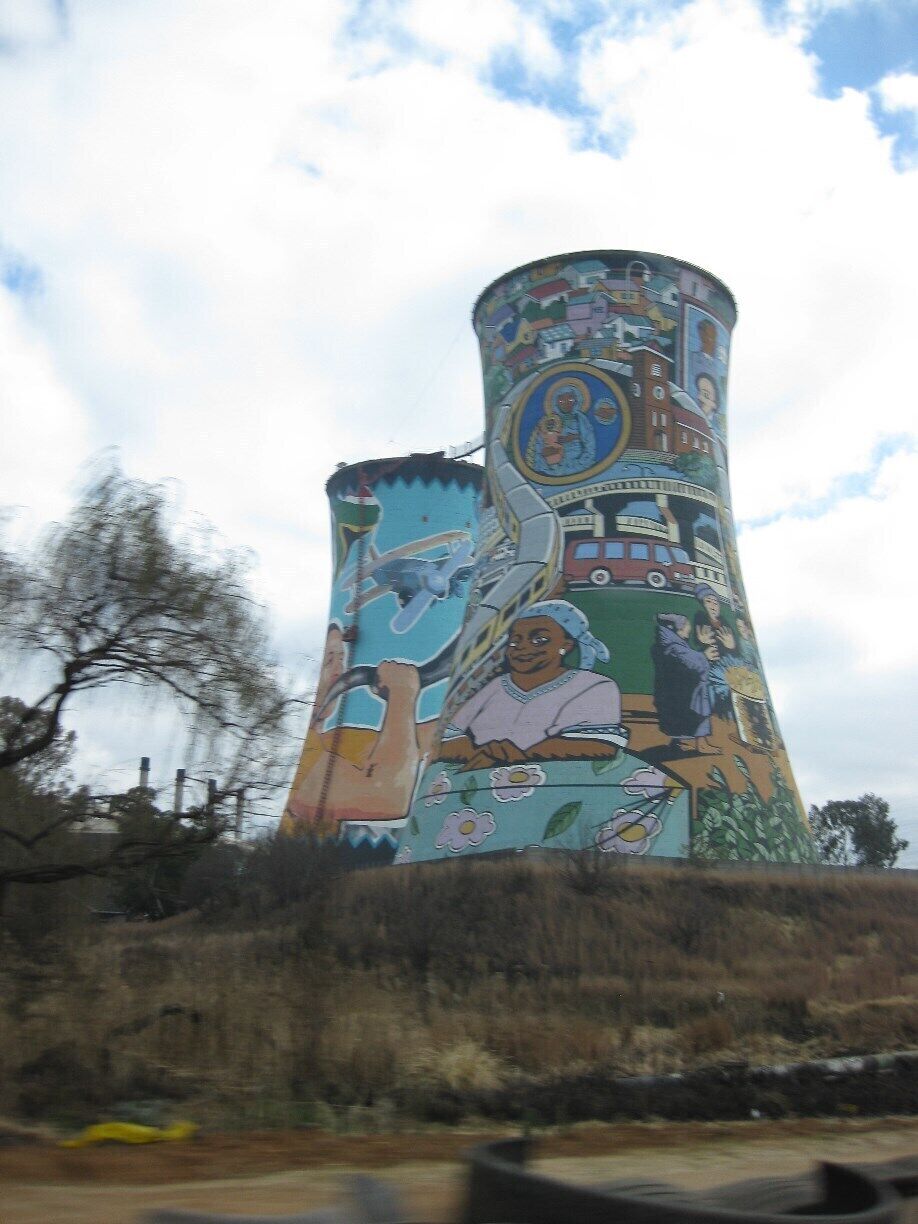Repurposed decommissioned coal power plant in Soweto and now prominent landmark and as you can see art installation.