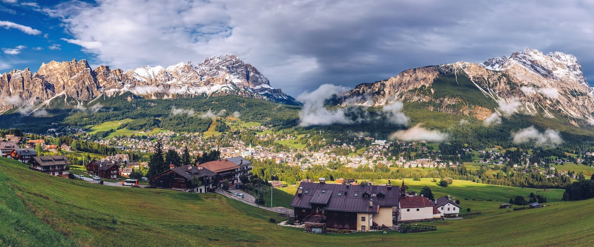 A mountainous landscape with a village nestled in the valley, surrounded by lush greenery and snow-capped peaks.