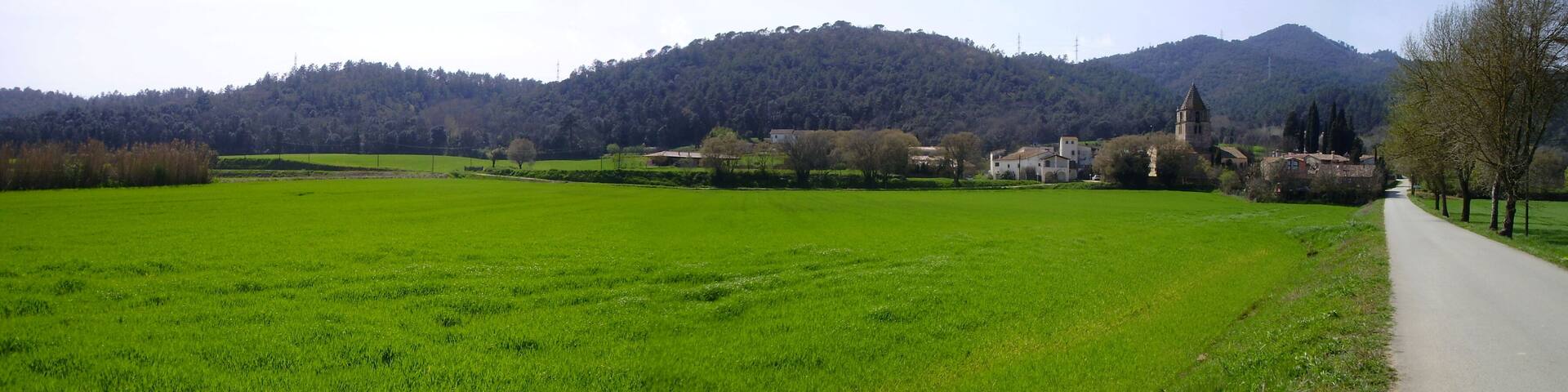 A rural landscape with a green field, a road, and a church on a hill.