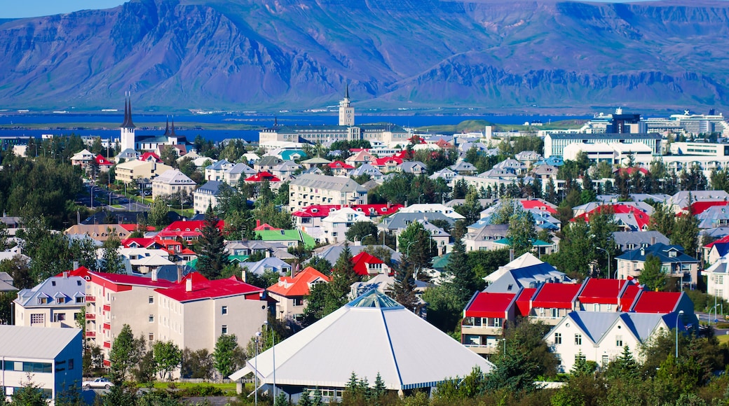 Beautiful super wide-angle aerial view of Reykjavik, Iceland with harbor and skyline mountains and scenery beyond the city, seen from the observation tower of Hallgrimskirkja Cathedral.