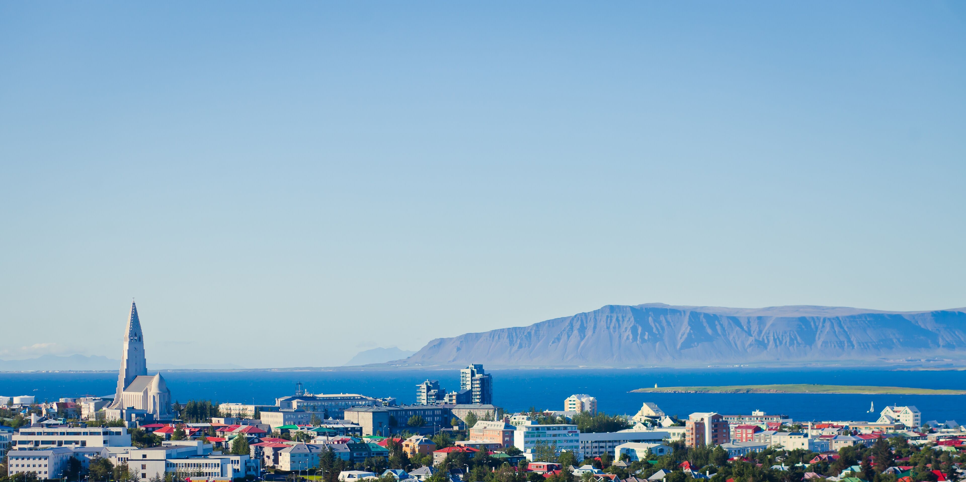 Beautiful super wide-angle aerial view of Reykjavik, Iceland