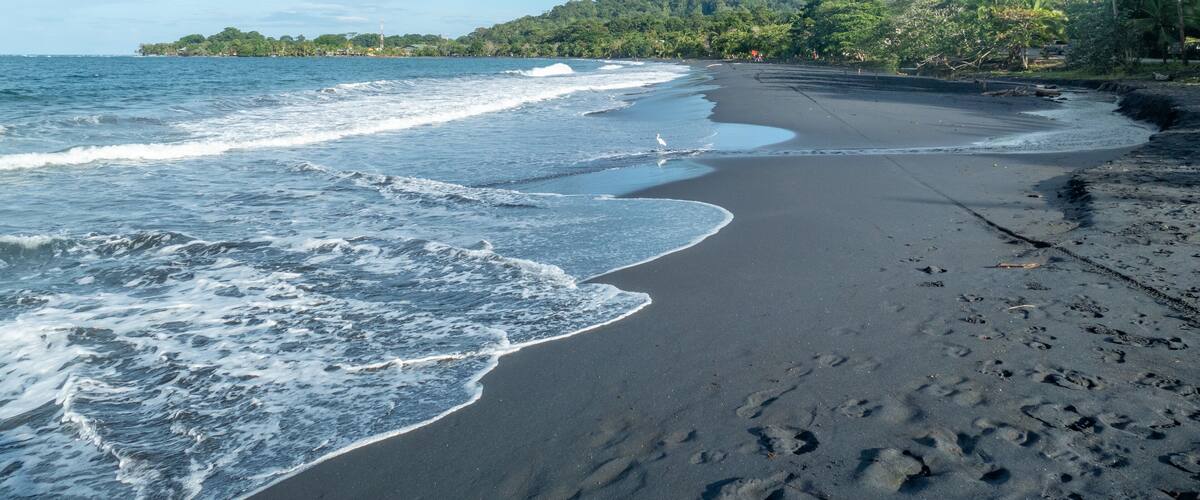 A beach with dark sand, waves, and a forested island in the background.